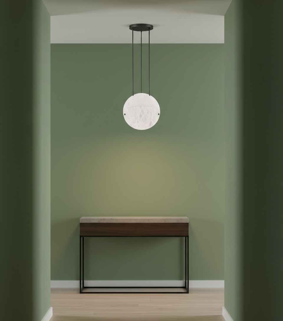 Lalune pendant installed above a minimalist console table. A sculptural alabaster lighting piece designed for entryways, foyers, and curated architectural moments.