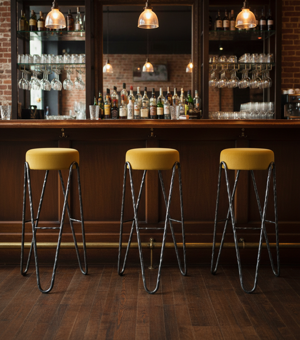 Aranea bar stools installed in an upscale bar setting. Handcrafted forged steel seating with upholstered tops, designed for boutique hospitality and luxury commercial interiors.