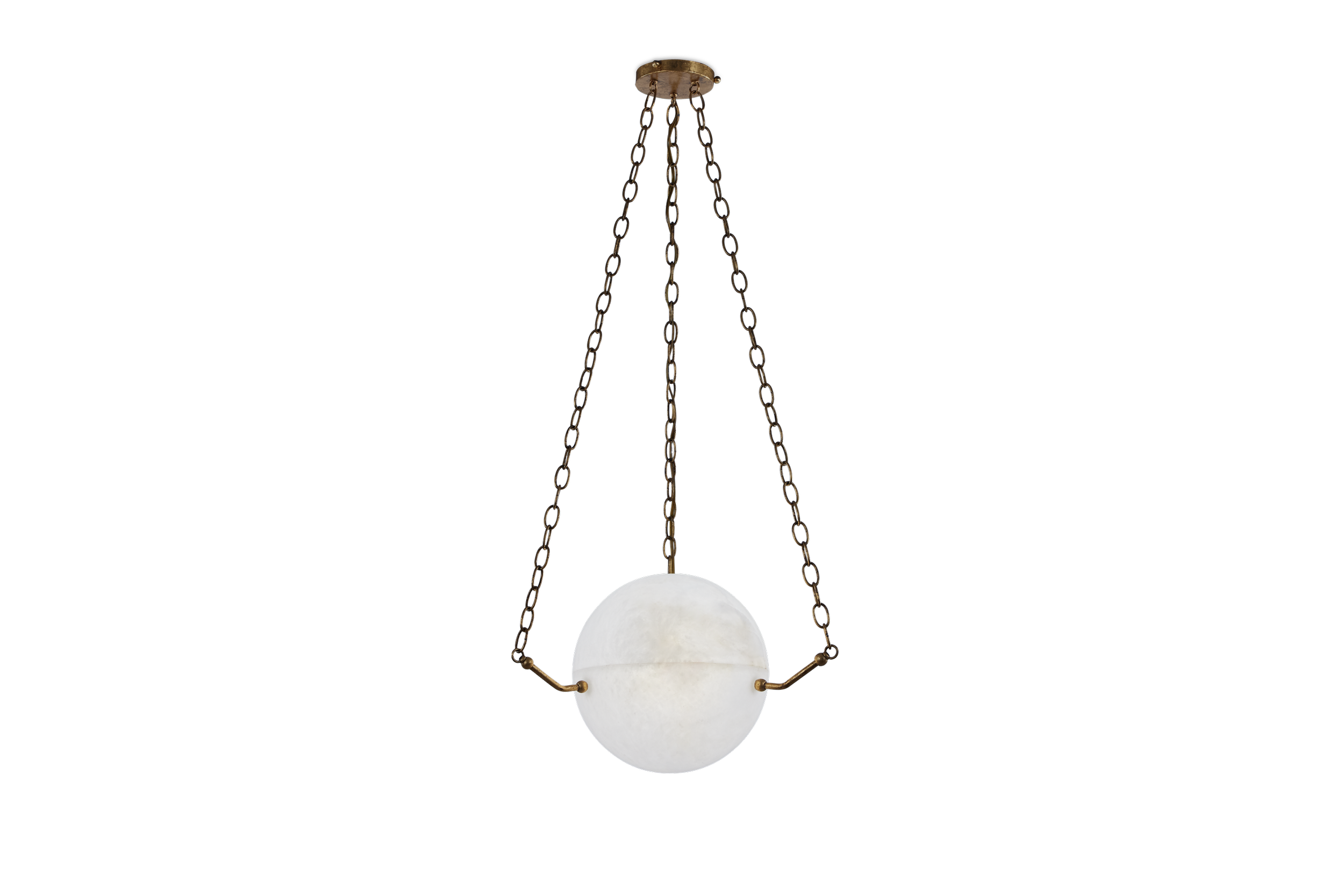Atlas 300 chandelier by Maison Paname featuring a solid alabaster stone disc suspended by three antique brass chains. Luxury custom lighting for interior designers. Made-to-order high-end chandelier for dining rooms, entryways, and refined residentia