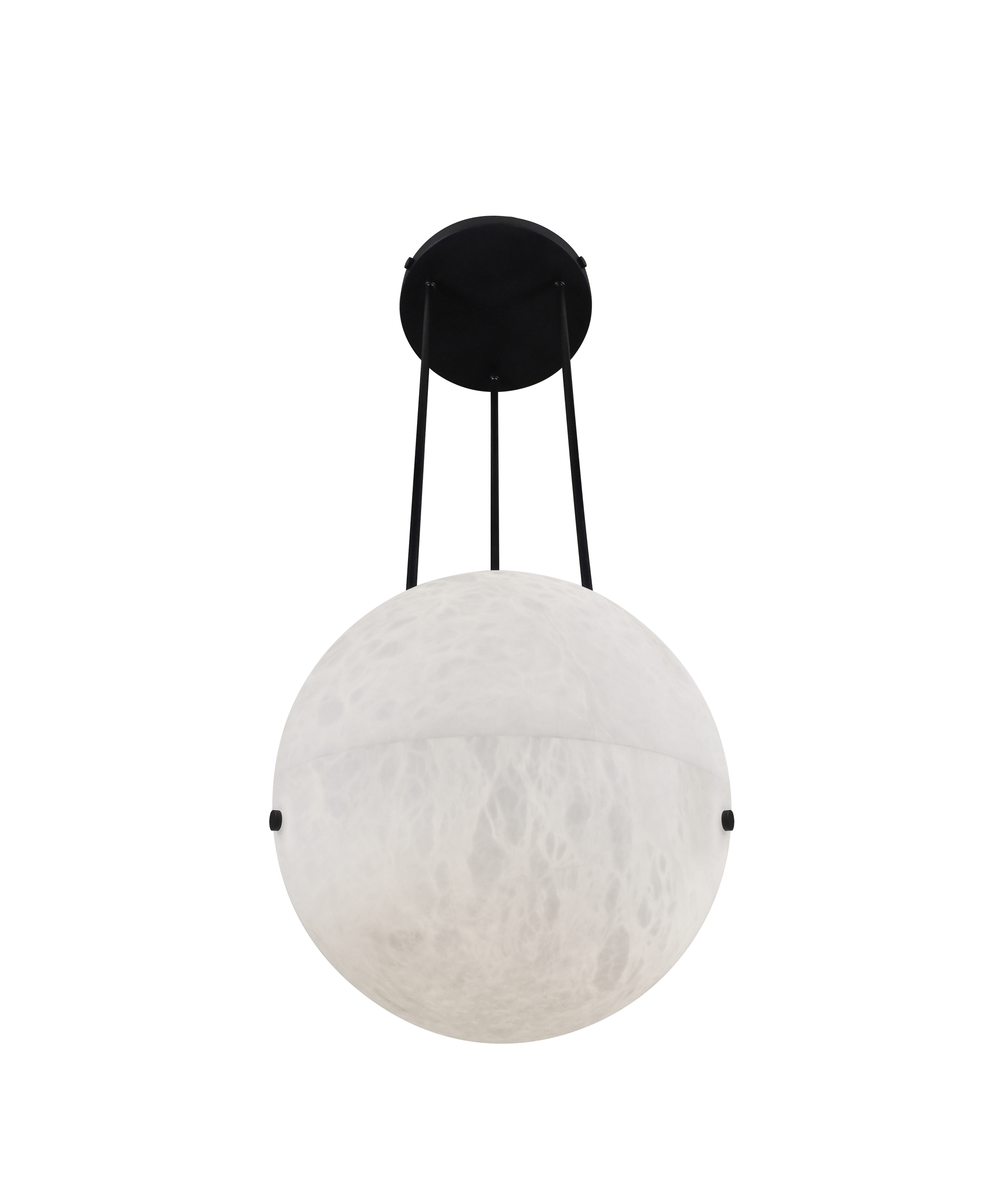 Lalune pendant chandelier with dark bronze canopy and triple suspension rods. Custom metal finishes available in solid brass or steel for luxury residential and hospitality applications.