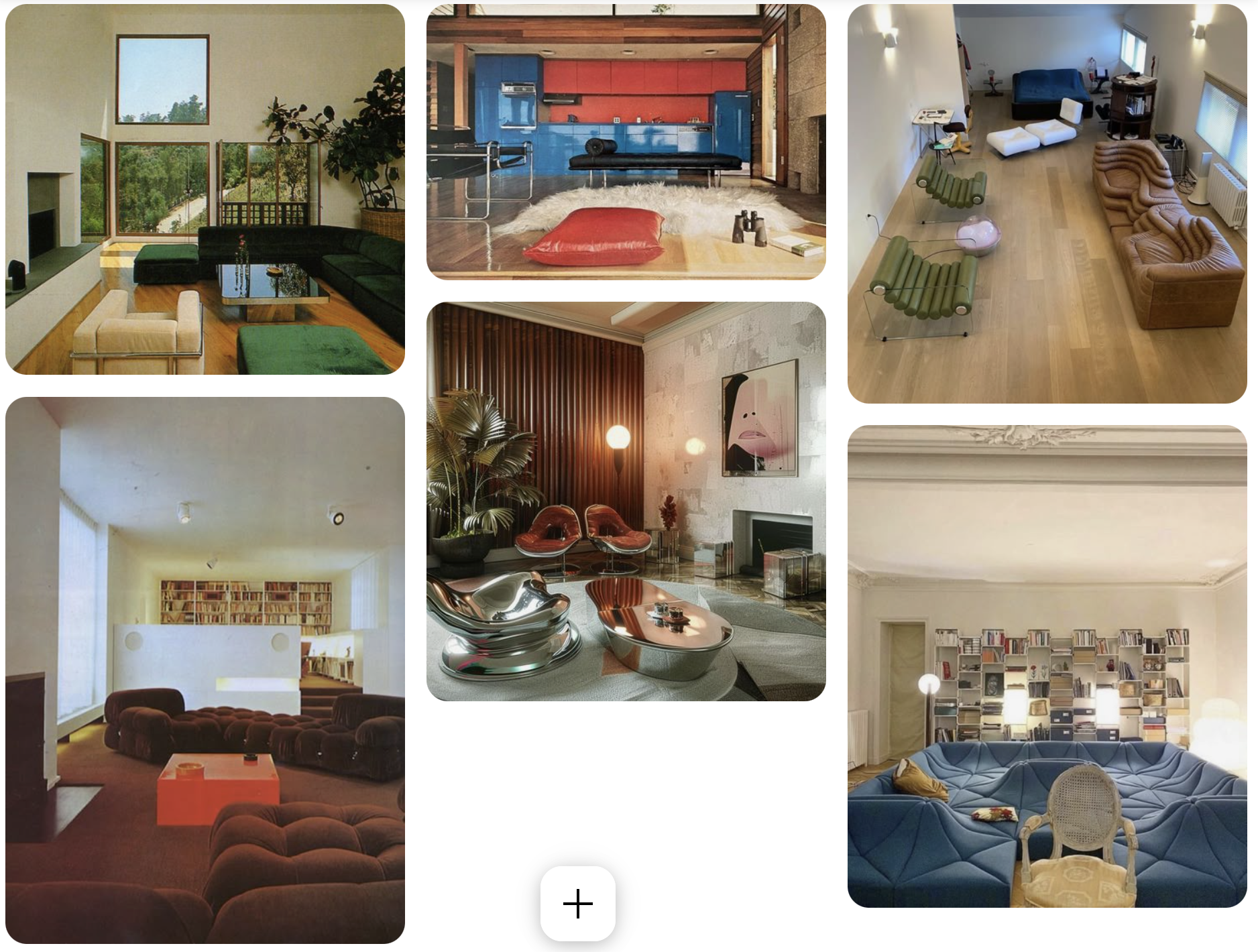 Collage of six interior living room spaces, each featuring different modern furniture and decor styles, including sofas, chairs, tables, and decorative elements like plants and artwork.