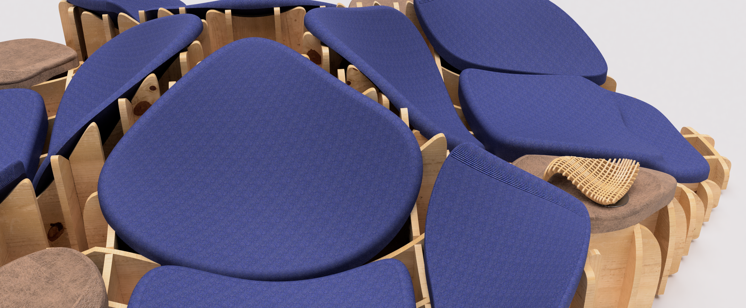 A collection of modern chairs with wooden frames and blue upholstered cushions, arranged in a layered overlapping pattern. One chair has a brown cushion with a small wooden footrest placed on it.