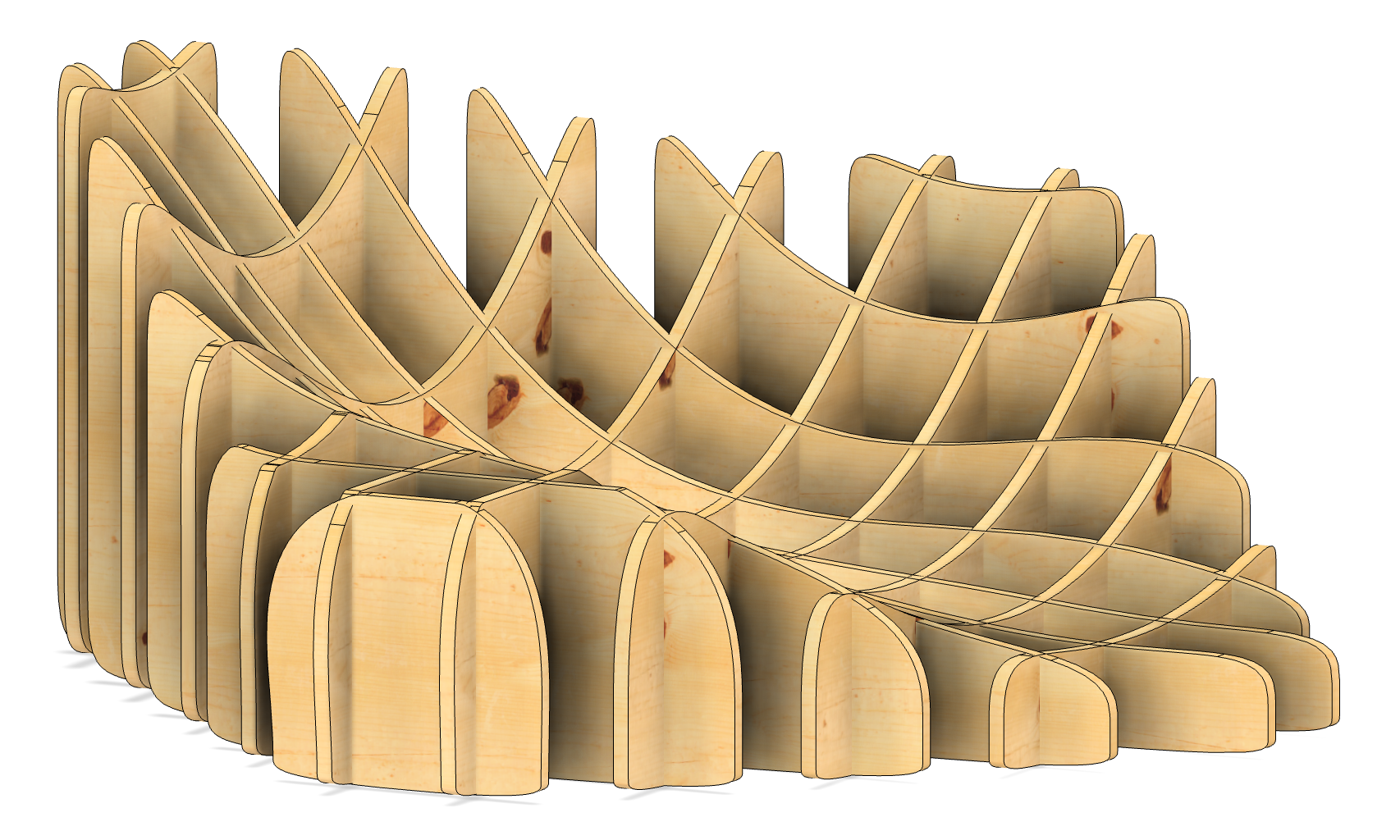 Multiple wooden compartments arranged in a curved, wave-like pattern.