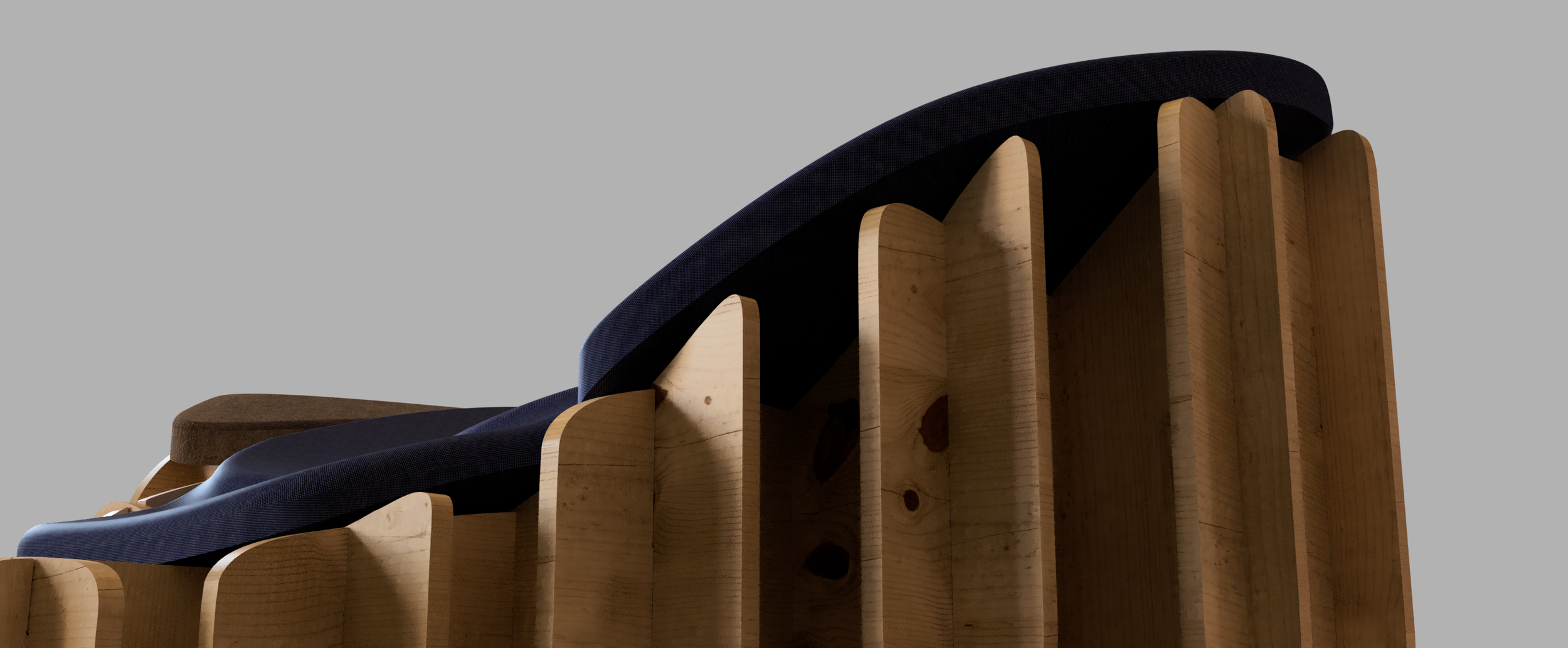 Close-up of a modern wooden chair with curved design, having multiple vertical wooden slats, and a dark fabric cushion on top, set against a plain gray background.