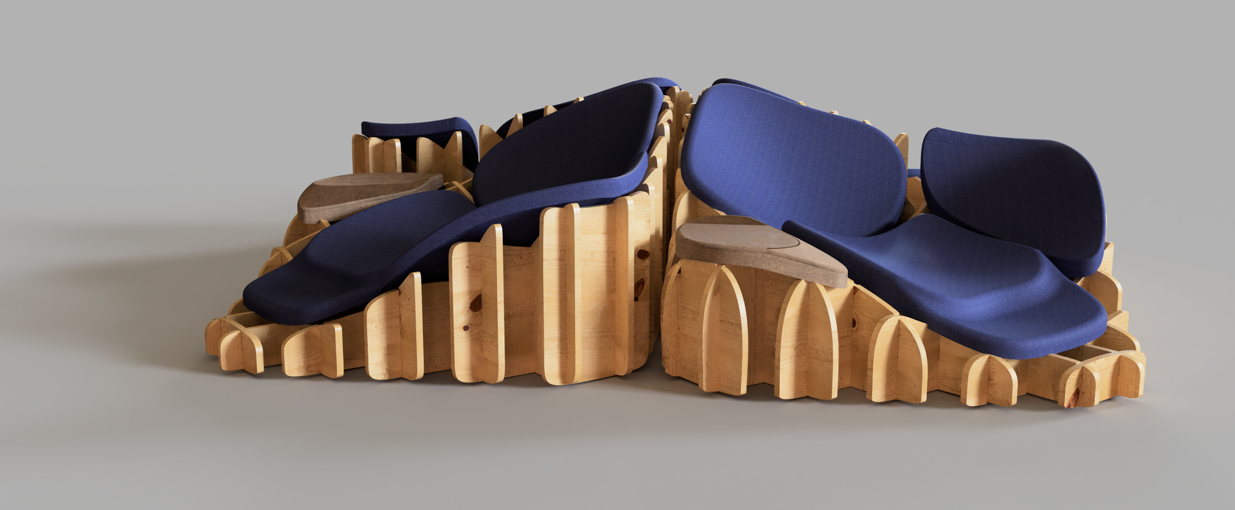 A modern artistic chair made of wood with dark blue fabric cushions, designed with curved shapes and a unique layered wooden base.