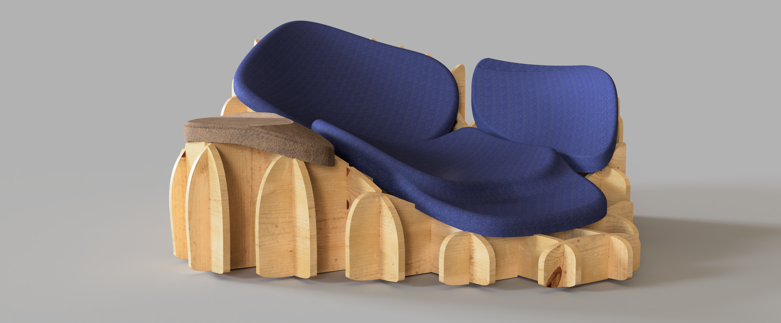 A modern chair with a wooden base and blue fabric cushions, featuring an abstract, curved design.