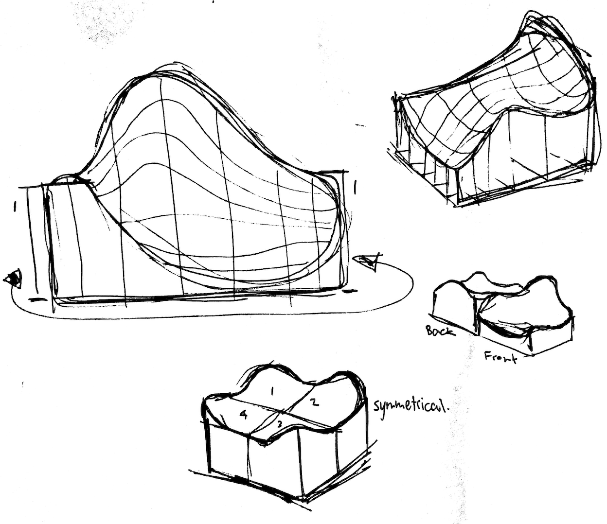 Sketch of various furniture pieces, including an abstract-shaped sofa or chair, with a focus on form and structure, labeled with side views and a symmetrical diagram.