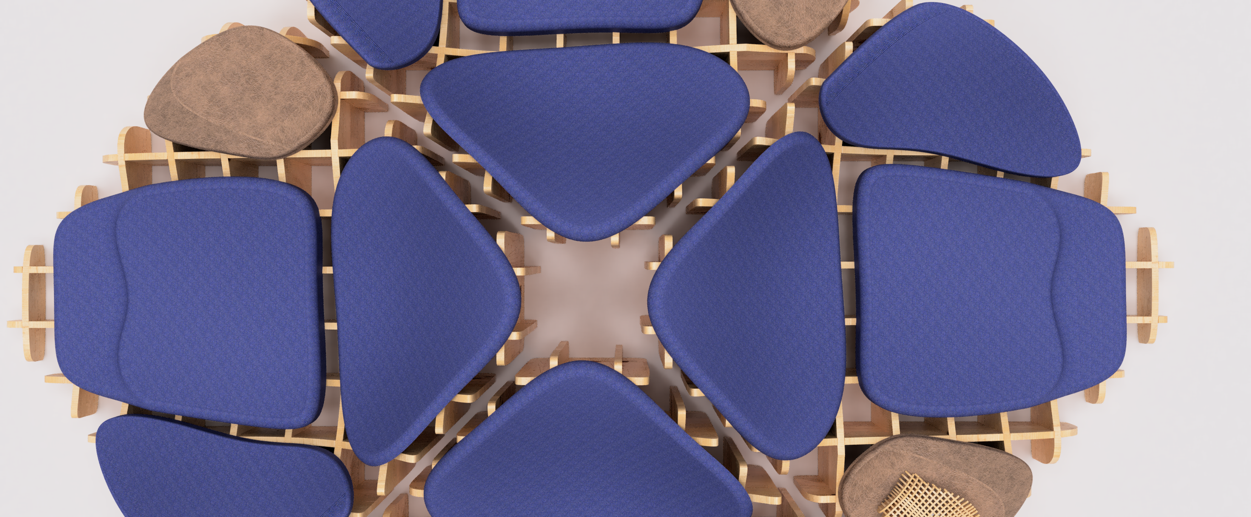 A top-down view of a modern wooden chair arrangement with blue and brown upholstered seats.