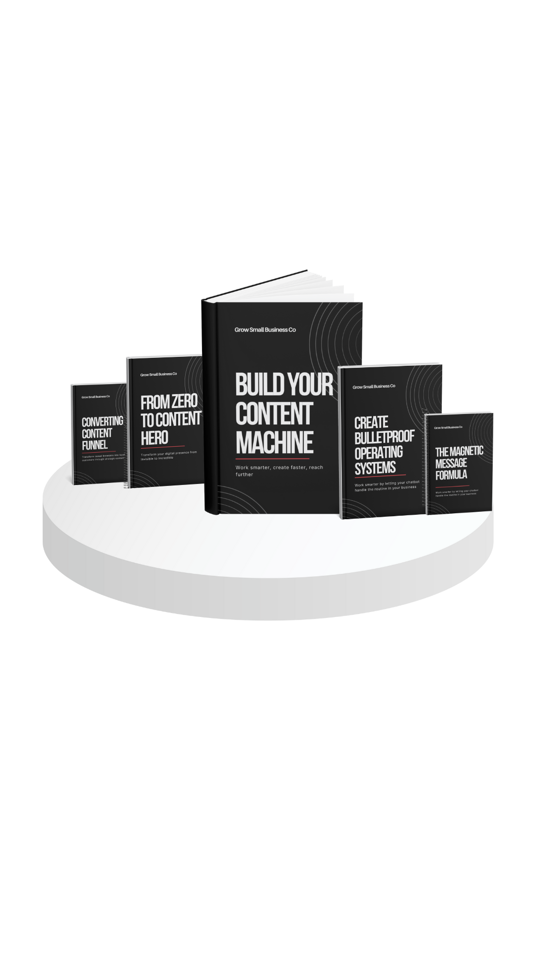 Collection of five black and white business books displayed on a white circular platform, focusing on content marketing and digital strategy.