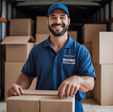A smiling man in a blue uniform and cap, standing in a moving truck with boxes.