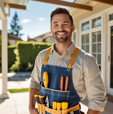 A smiling man wearing a work apron with tools, standing outside near a house.
