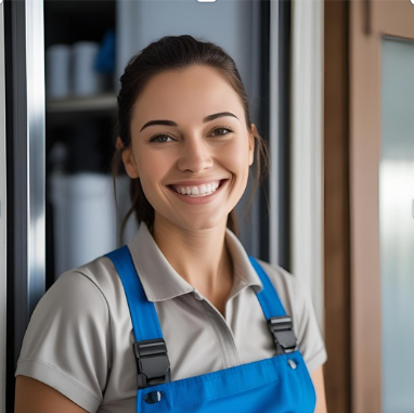 A smiling young woman in a uniform and apron standing inside a home improvement or hardware store.