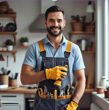 A smiling handyman wearing a blue shirt, yellow work gloves, and a tool belt, standing in a well-lit kitchen.