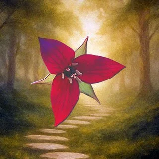 Steps, Stones, and Soul logo: A large red and purple trillium wildflower over a stone path in the forest heading toward a brightly lit destination.
