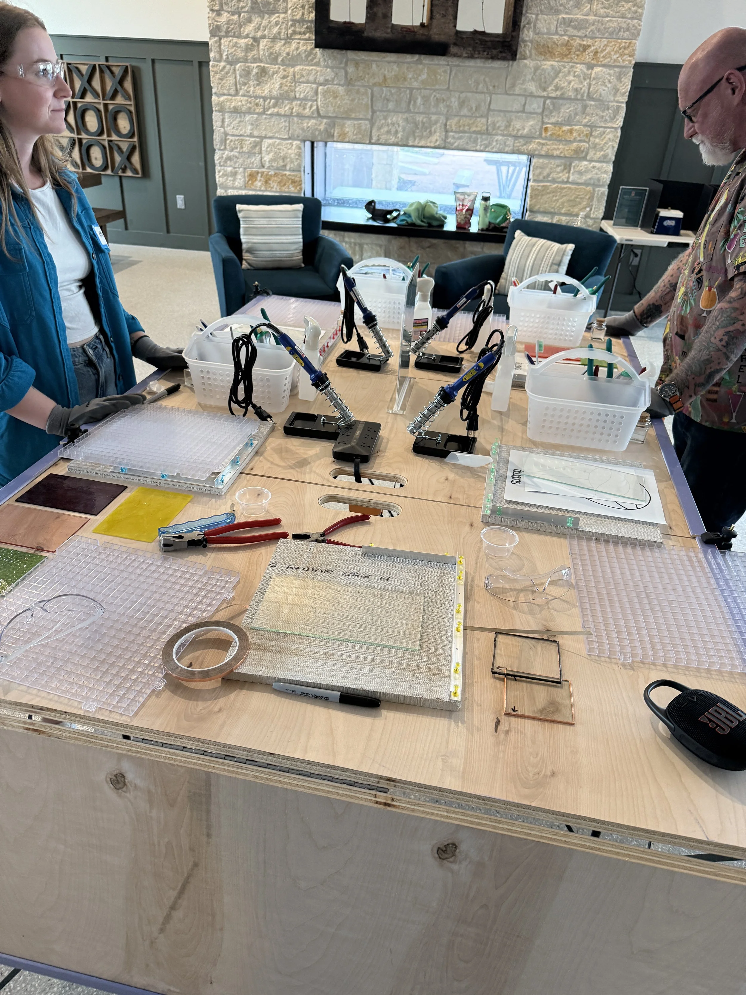 Beginner stained glass workshop making a teardrop design