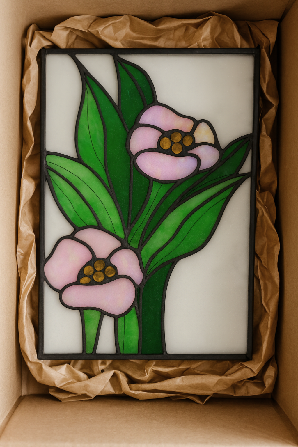 Stained glass window panel featuring pink flowers with yellow centers and green leaves in a black frame.