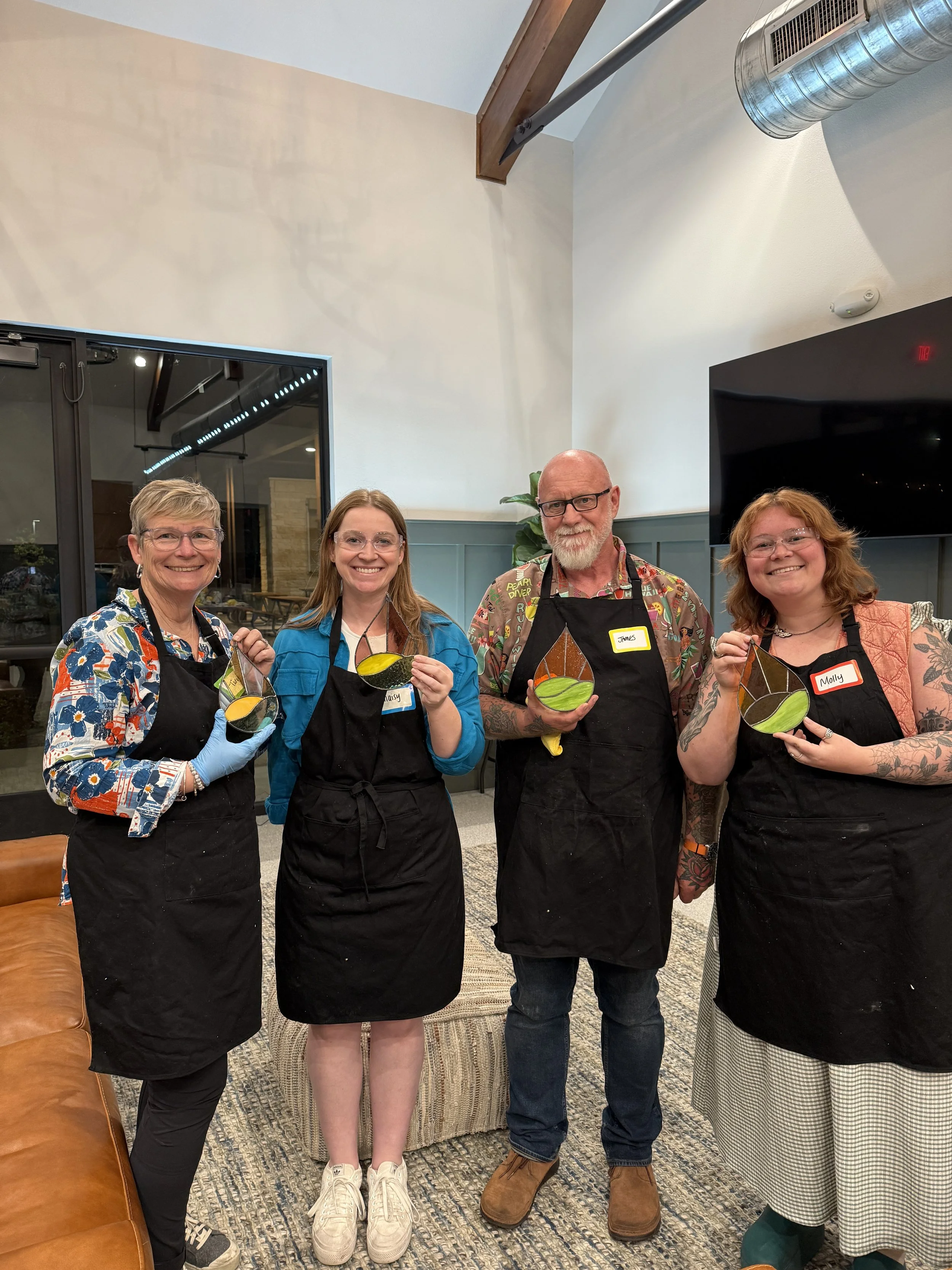 Beginner stained glass workshop making a teardrop design