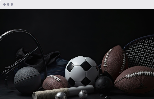 Various sports equipment including a soccer ball, footballs, tennis racket, tennis balls, baseball bat, headphones, and a computer mouse arranged on a dark background.