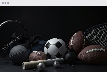 Collection of sports equipment including a soccer ball, baseballs, footballs, tennis racket, basketball, dumbbells, and headphones against a black background.