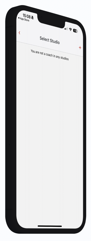 Smartphone displaying a screen titled 'Select Studio' with a message saying 'You are not a coach in any studios' and an option to add a new studio.