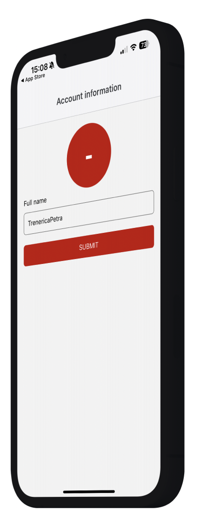 A smartphone screen displaying an account information page with a red circle in the center, a name input field showing 'TrenericaPetra', and a red submit button.