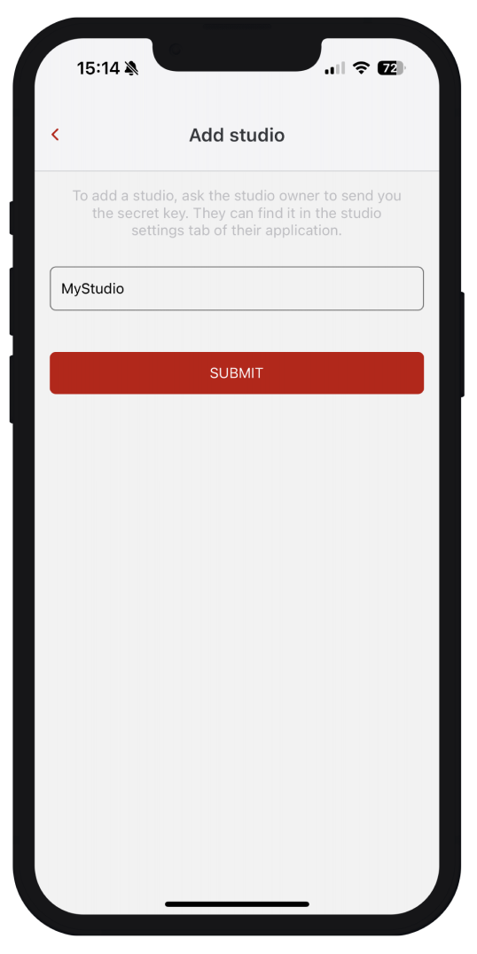 Smartphone screen showing an app interface to add a studio, with a text input labeled 'MyStudio' and a red submit button.