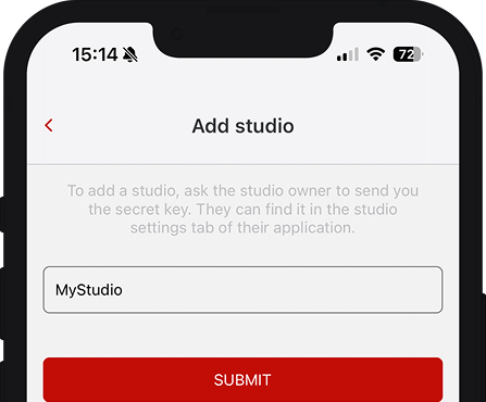 Mobile app screen for adding a studio, with a text input labeled "MyStudio" and a red submit button.