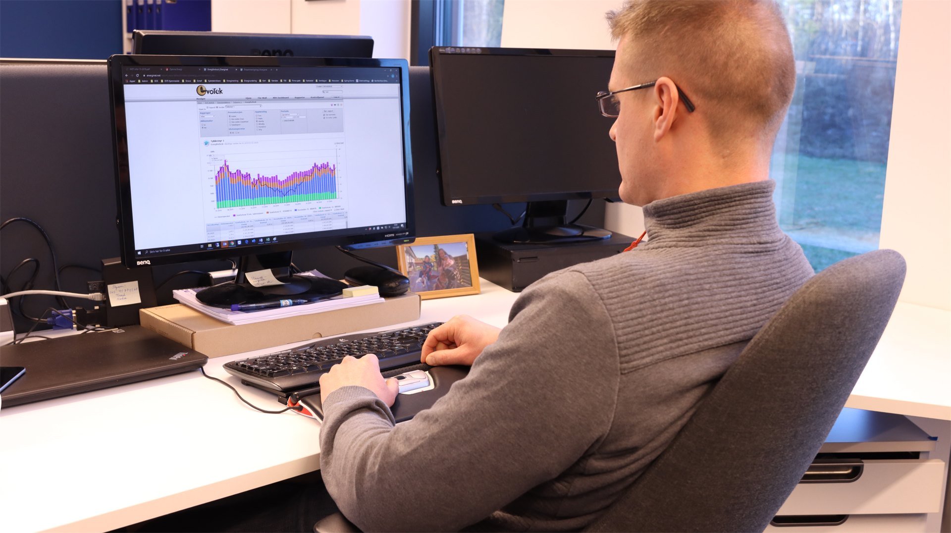En person sitter foran en datamaskin med flere skjermer på et kontor, der en skjerm viser en graf med farger og diagrammer, og en annen er tom. Ved siden av er det et bilde i et trebilde og noen kontorrekvisita.