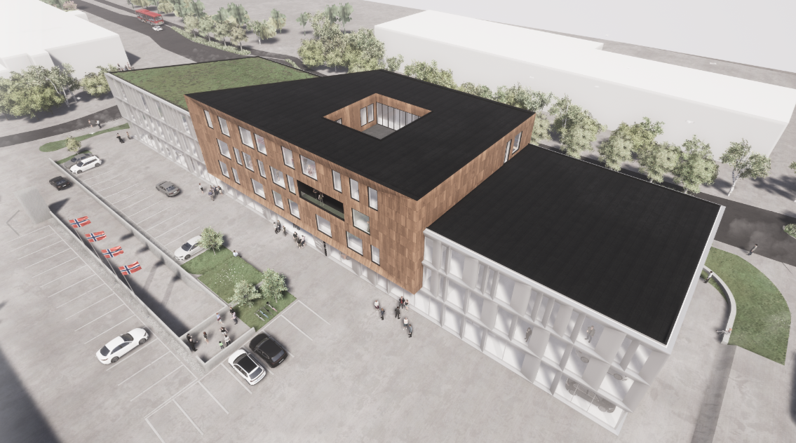 3D-visualisering av en nybygget kontorbygning med tre etasjer. Bygningen har en svart takflate og en fasade i treverk, med store vinduer. Det er parkeringsplasser foran bygningen, og områder med grønt rundt. Noen mennesker er utenfor bygningen, og Norge-flagget er synlig i parkeringsområdet.