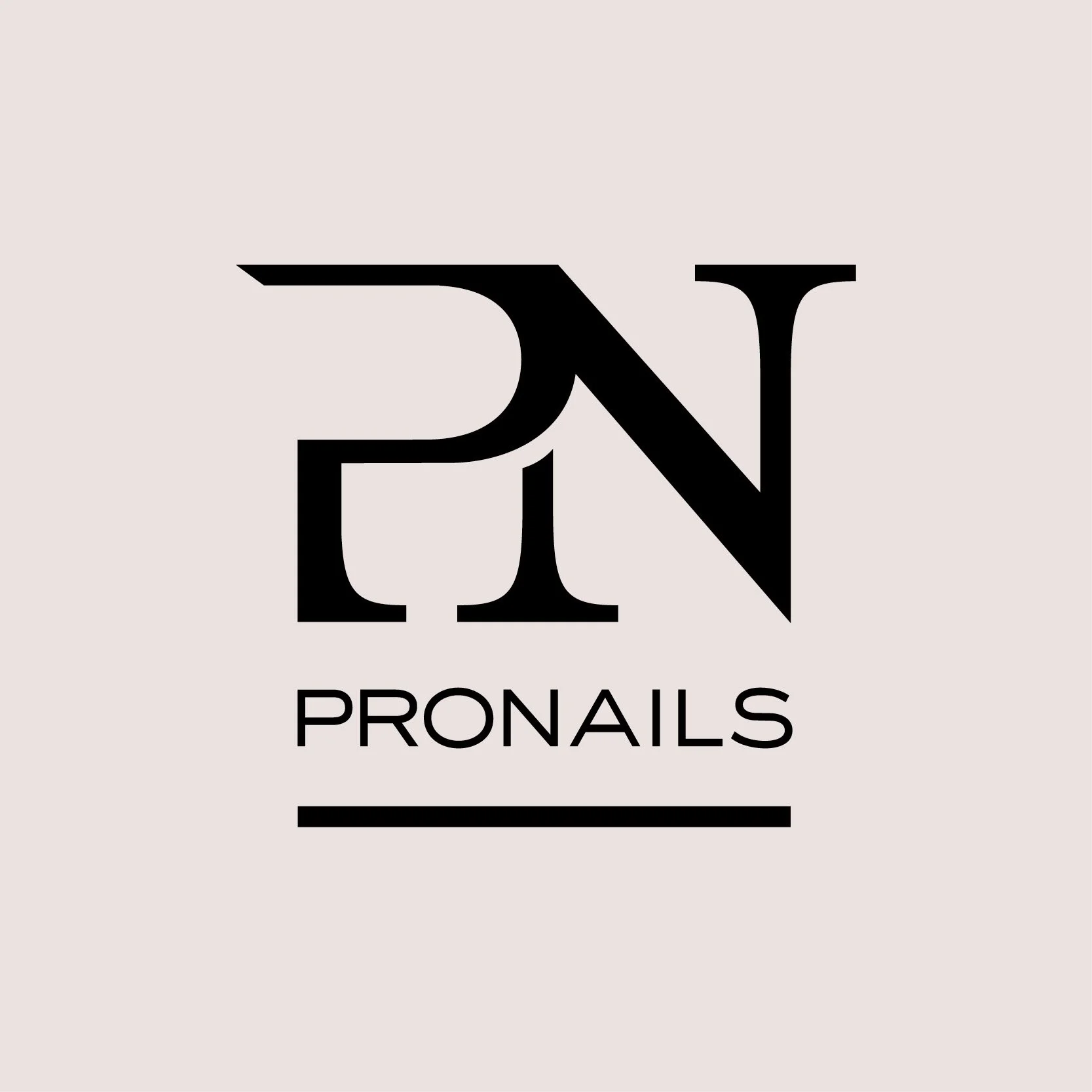 Logo met de woorden 'PRONAILS' onder een grafisch ontwerp van de letters P en N, in zwart op een lichtgrijze achtergrond.