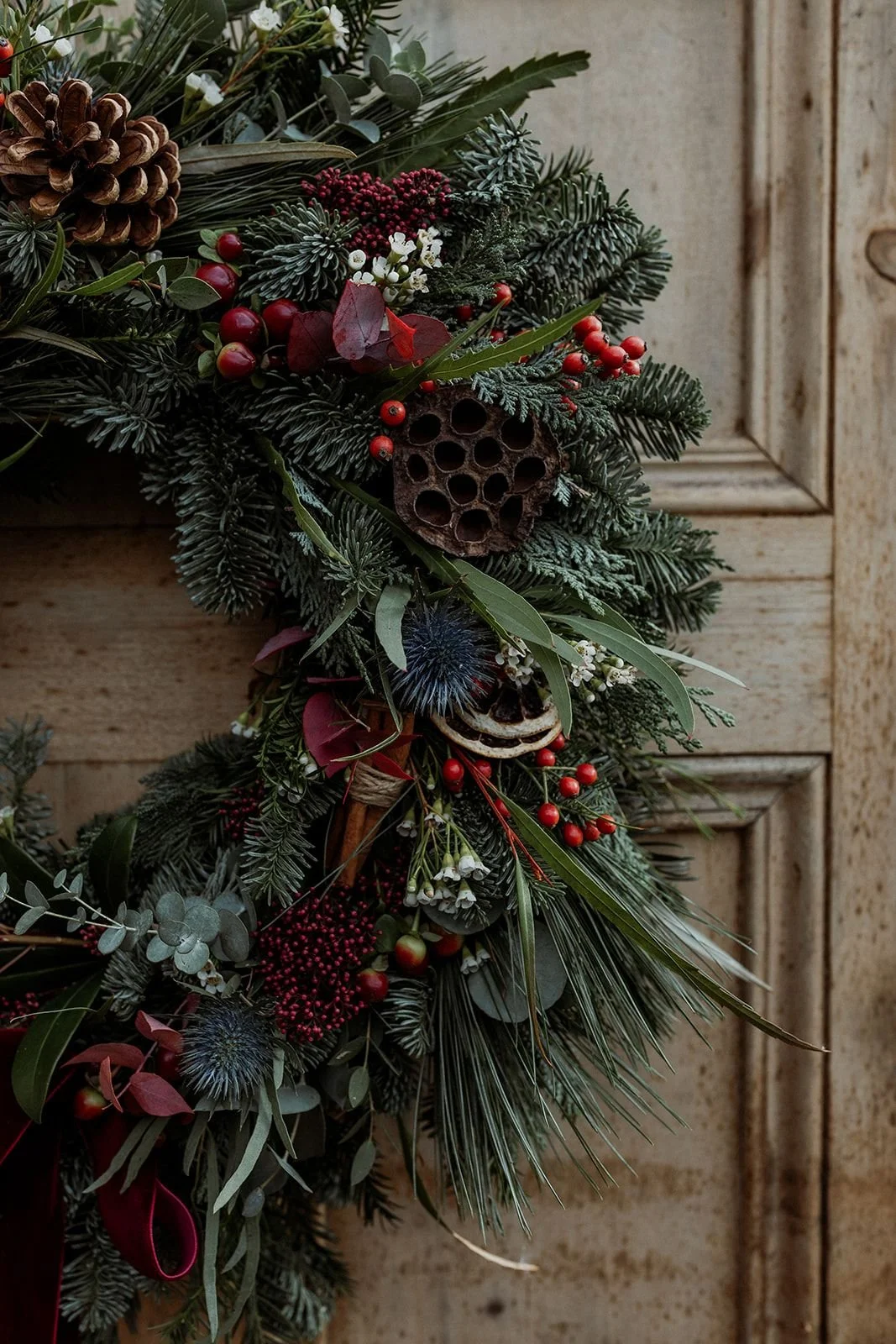 Close-up of a Christmas wreath made of pine, holly, eucalyptus, and dried elements like lotus seed pods, cinnamon sticks, and dried citrus slices, hanging on a wooden door.