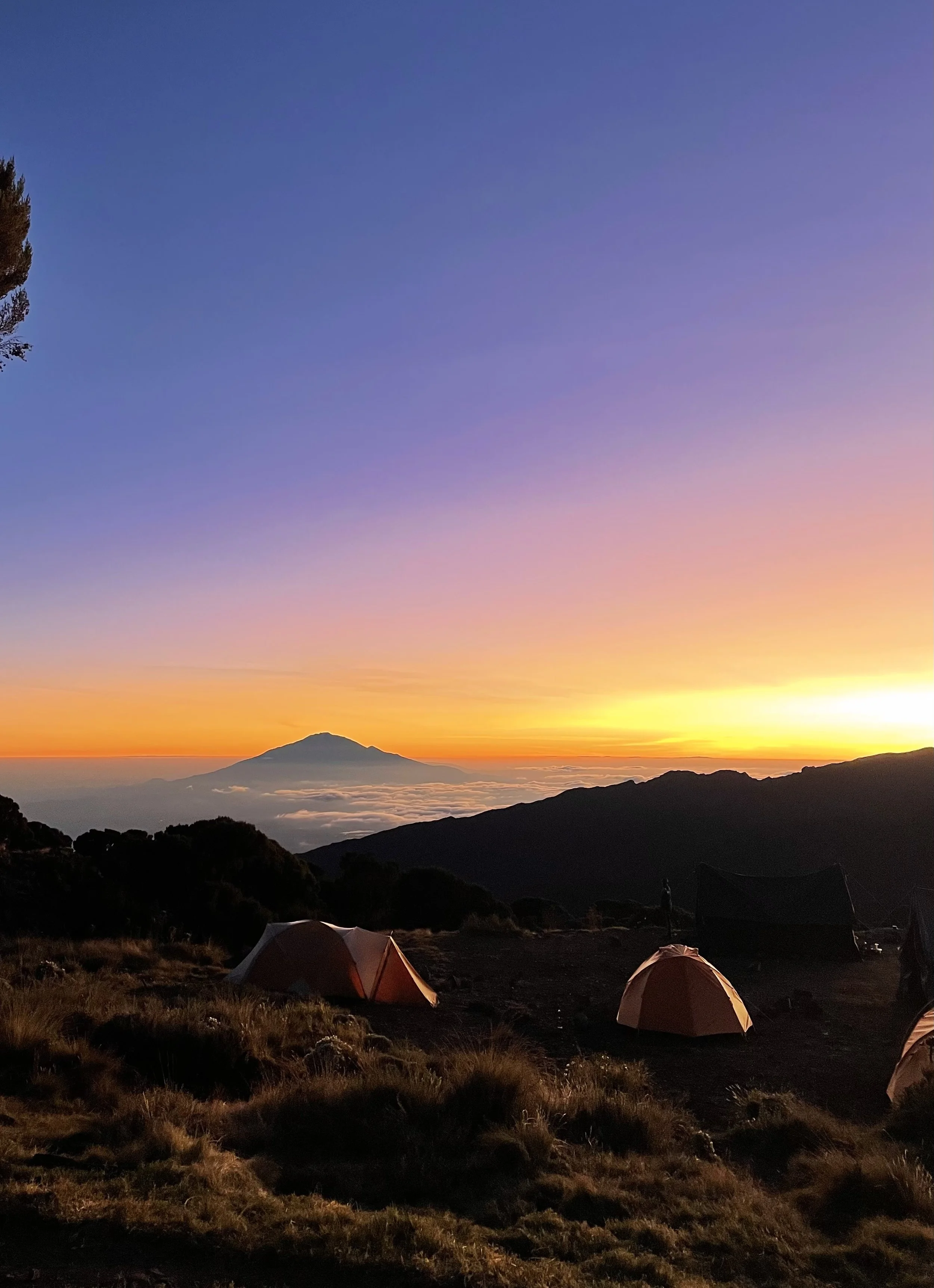 Camp tents set up on a grassy hillside during sunset or sunrise, with a mountain and clouds in the background.