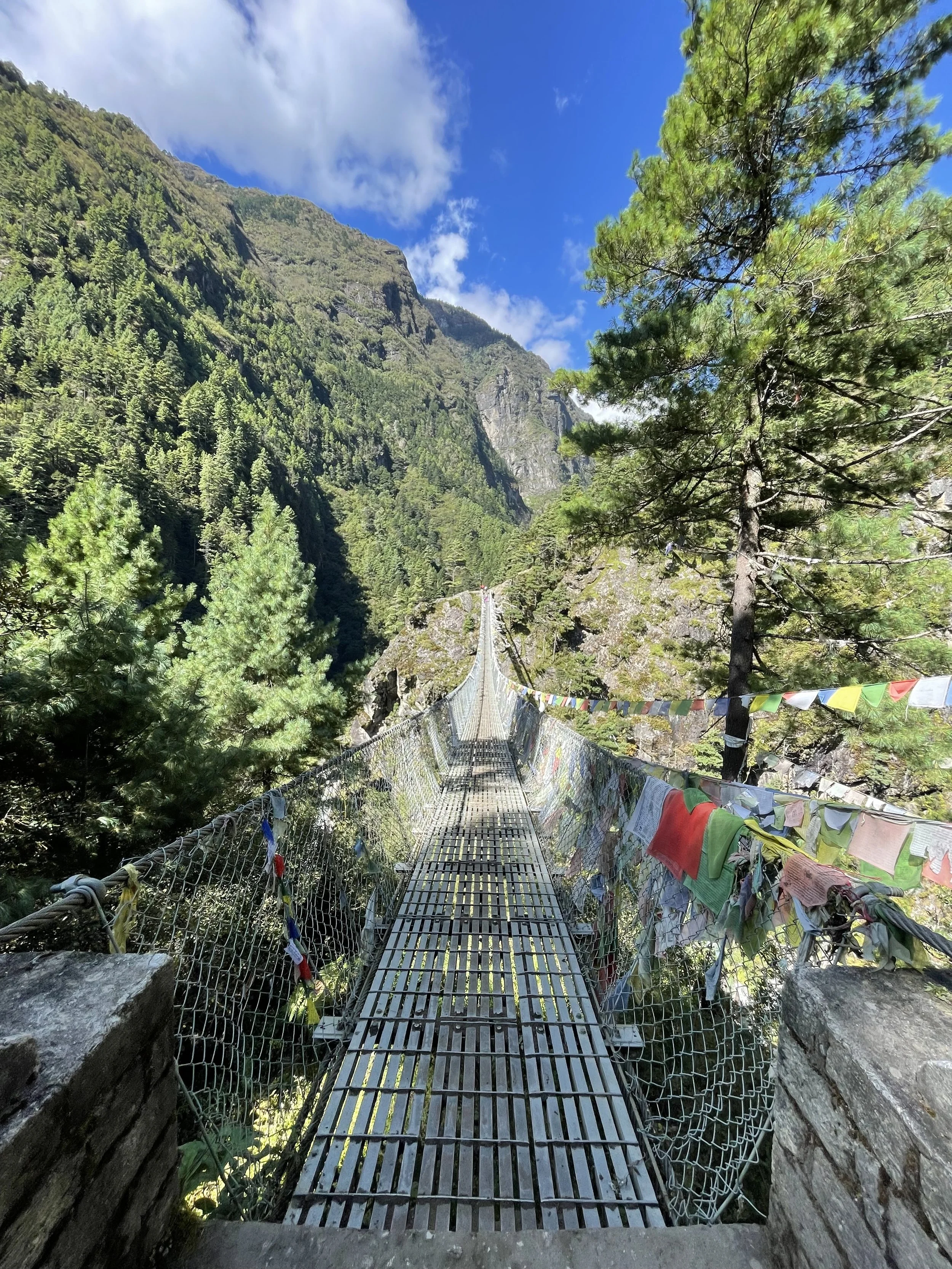 A narrow suspension bridge with wooden planks and colorful prayer flags, stretching across a deep gorge among lush green mountains and tall pine trees, under a blue sky with scattered clouds.