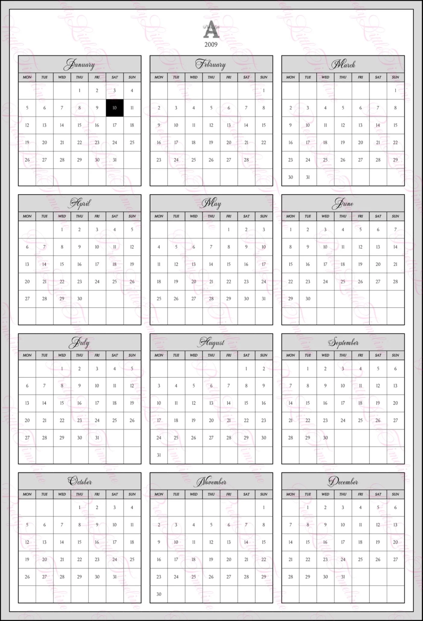An overview of the 2009 calendar year with dates blocked out in a different color indicating a book taking place.