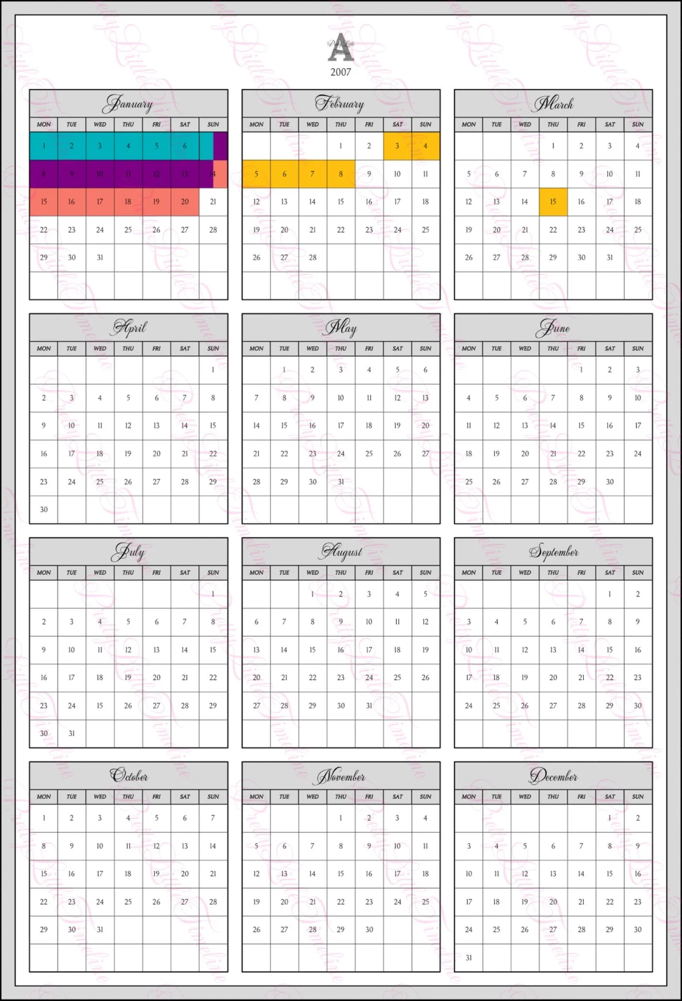 An overview of the 2007 calendar year with dates blocked out in a different colors indicating a book taking place.