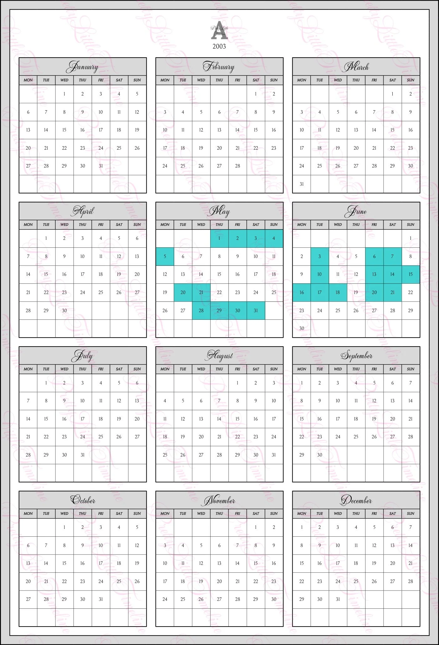 An overview of the 2003 calendar year with dates blocked out in a different color indicating a book taking place.