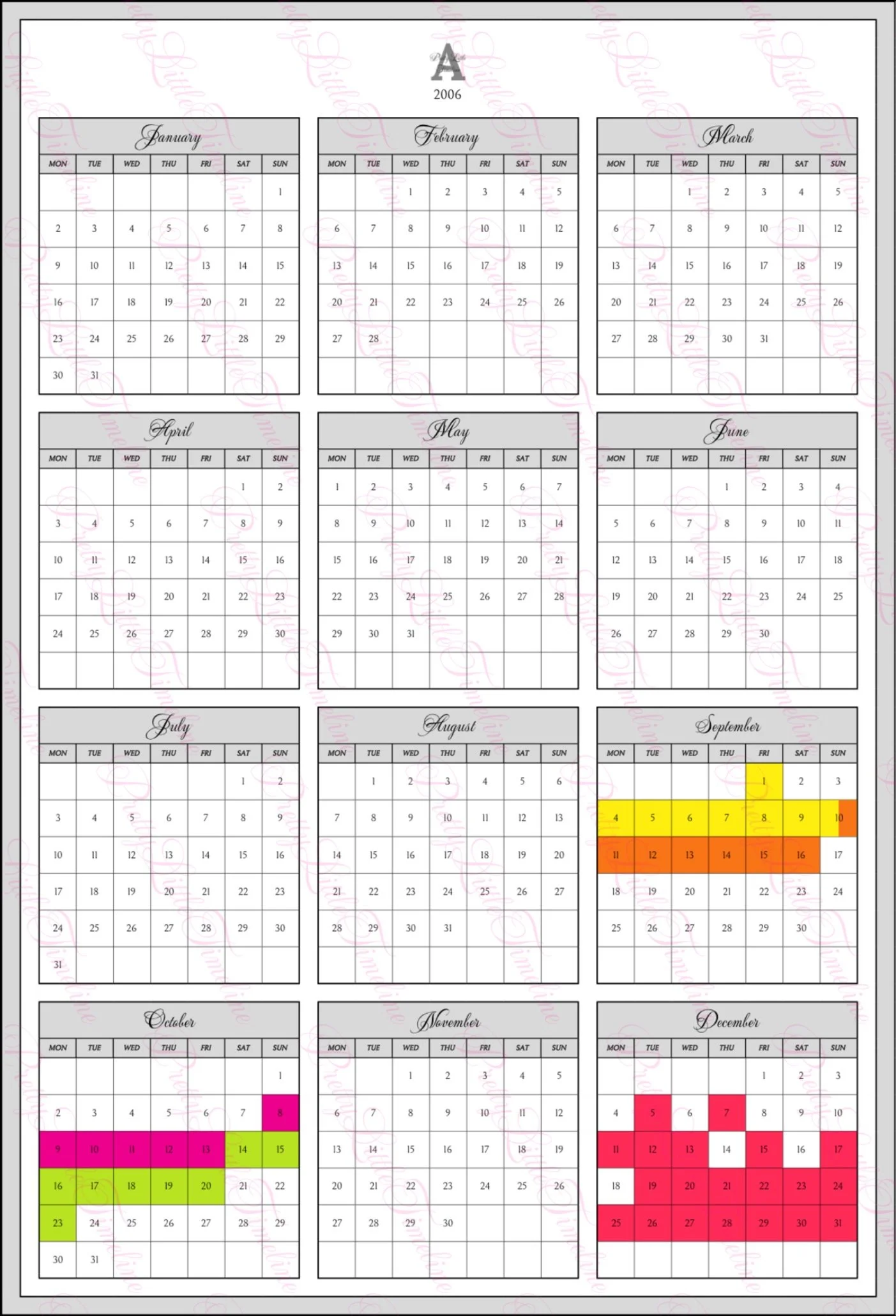 An overview of the 2006 calendar year with dates blocked out in a different colors indicating a book taking place.