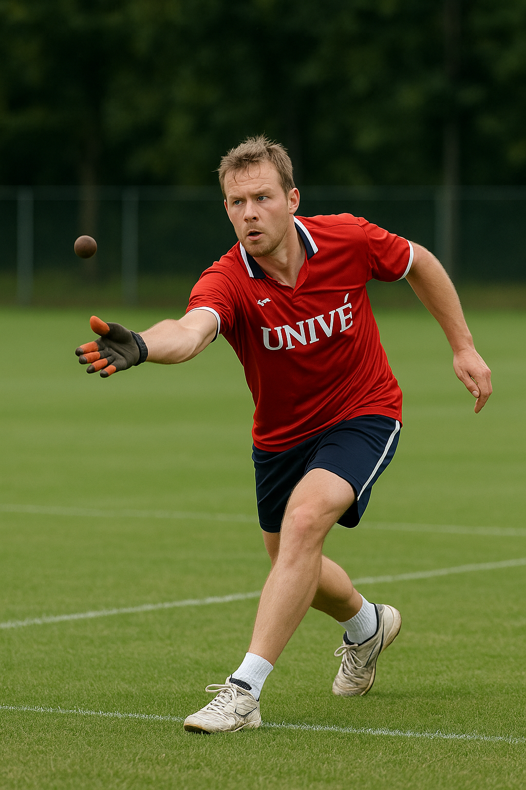 A man playing baseball or cricket, reaching out to catch a ball, on a grassy field.