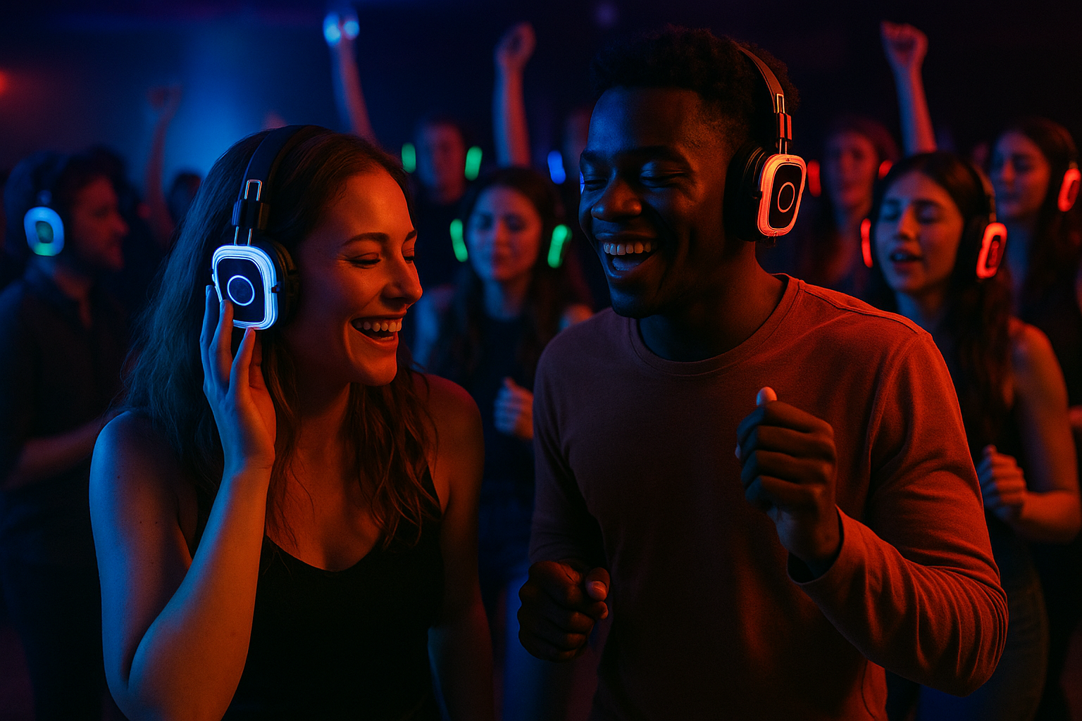 Young woman and man at a dance party wearing headphones, smiling and dancing among a crowd with colorful lighting.