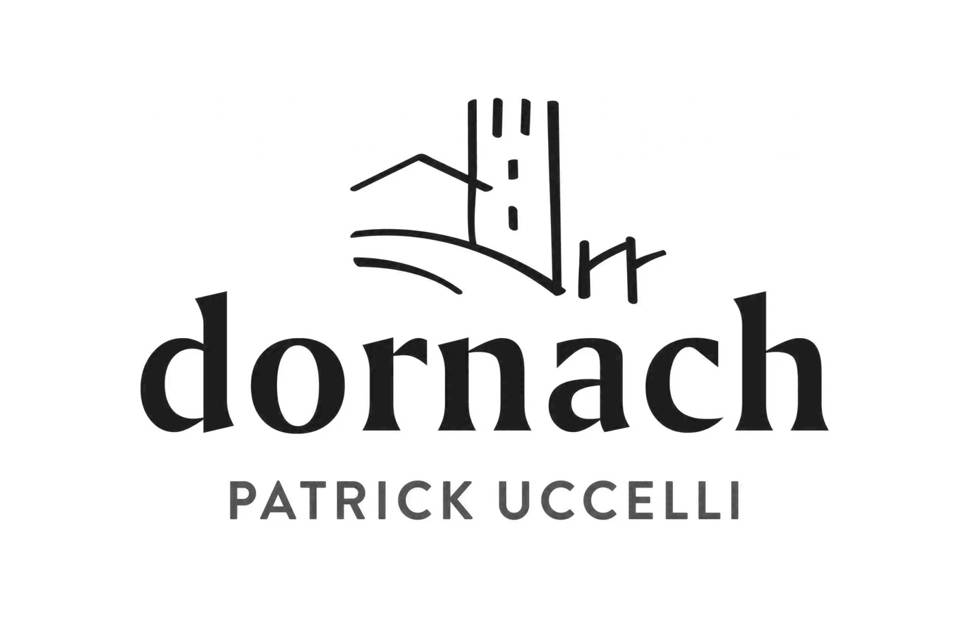Logo for Dornach by Patrick Uccelli, featuring a stylized black and white graphic of a house, church, and landscape with the name 'dornach' and the designer's name below.