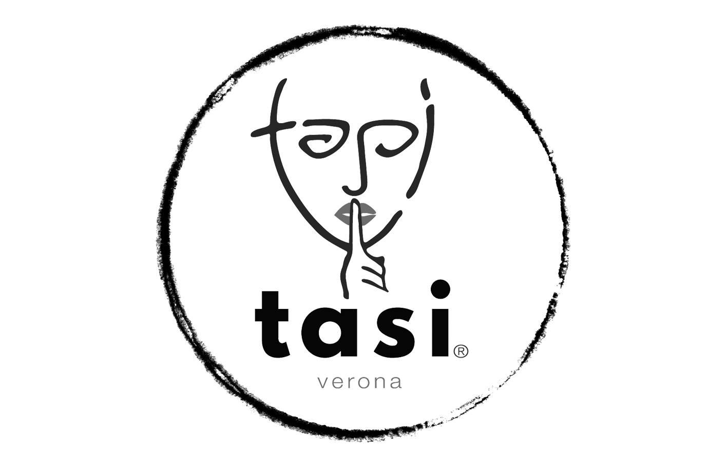 Logo for Tasi Verona featuring a minimalist illustration of a face with finger on lips, with the text 'tasi' and 'Verona' underneath.