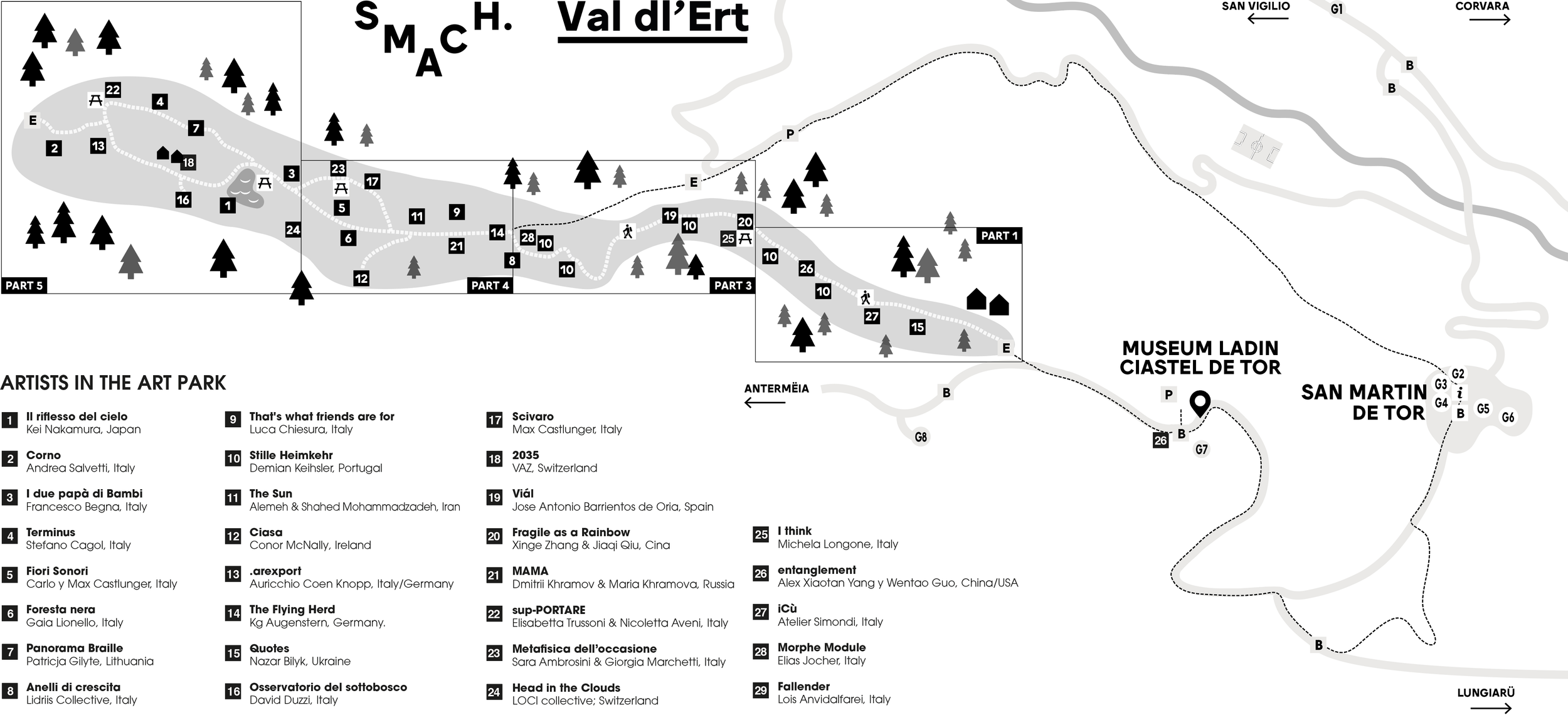 Map of a part of Val d'Èrt with numbered locations of artworks, trees, paths, and facilities, including a museum and art park, with surrounding roads and landscape features.