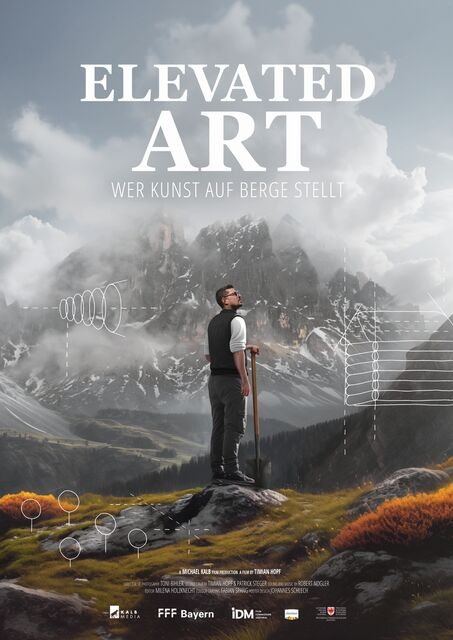 The poster for "Elevated Art" features a man standing on a rocky peak with a shovel, gazing up at towering, misty mountains while white geometric sketches are overlaid on the landscape.