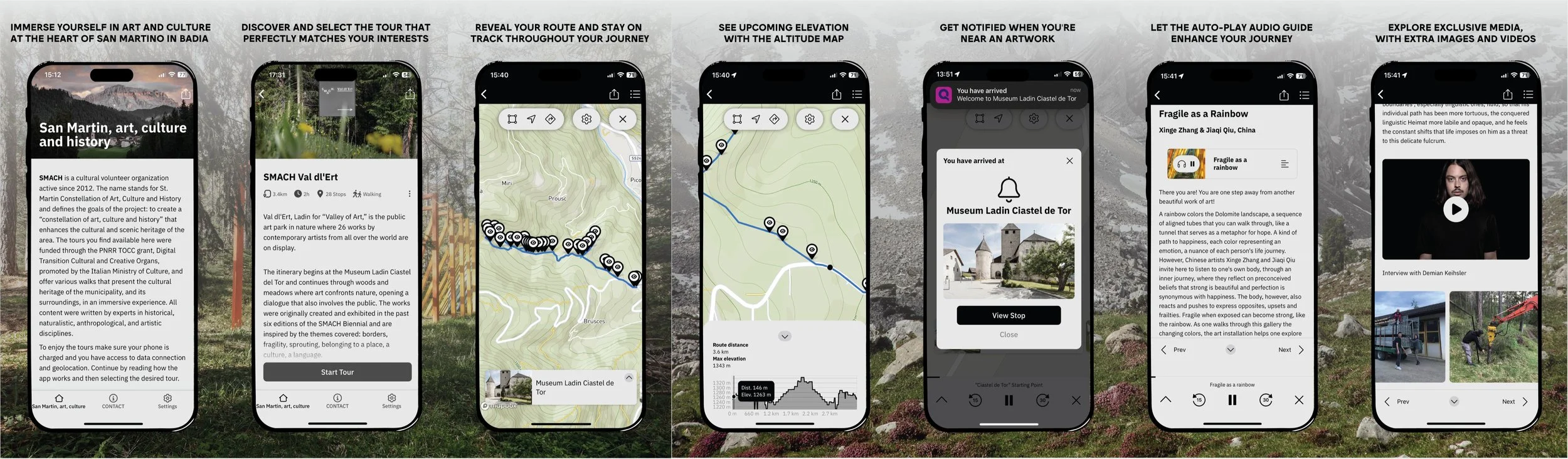 A banner showing seven smartphone screens displaying features of the SMACH app, like tours, maps, notifications, audio guides, and media.