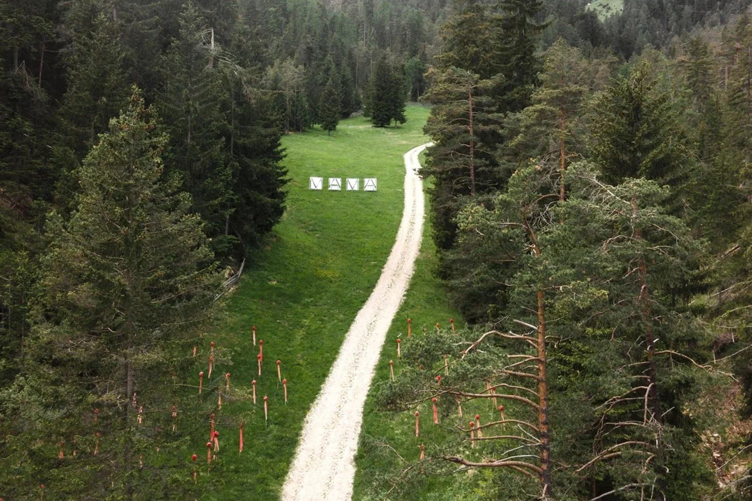 A white path leads through a forest, passing between clusters of red-flagged poles before reaching a series of large white blocks that spell "MAMA" against the green hillside.