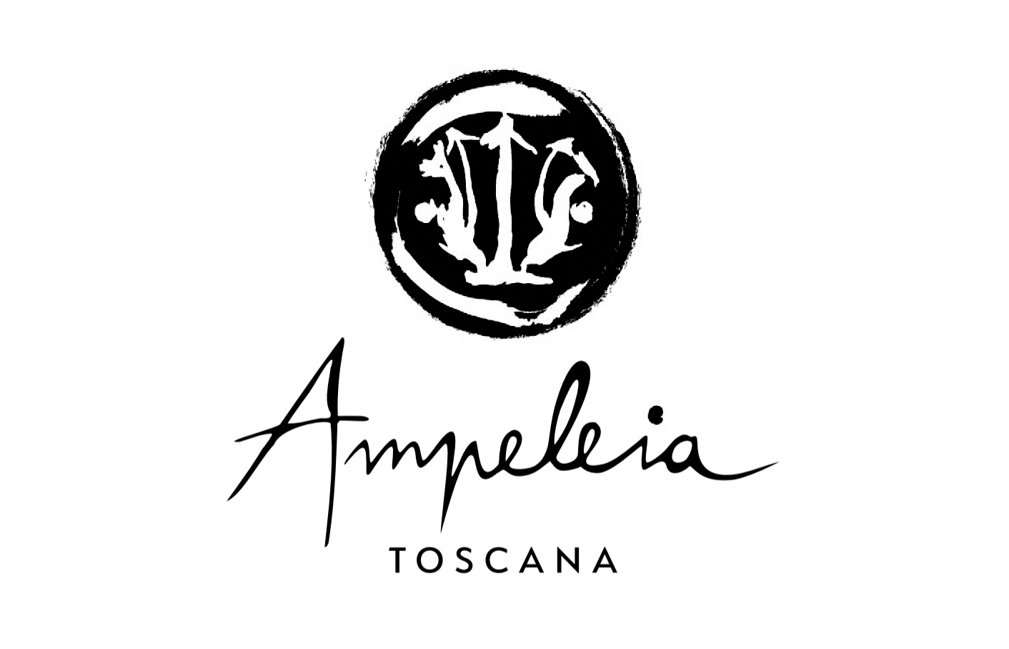 Black and white logo for Ammelia Toscana with handwritten style text and a circular emblem.