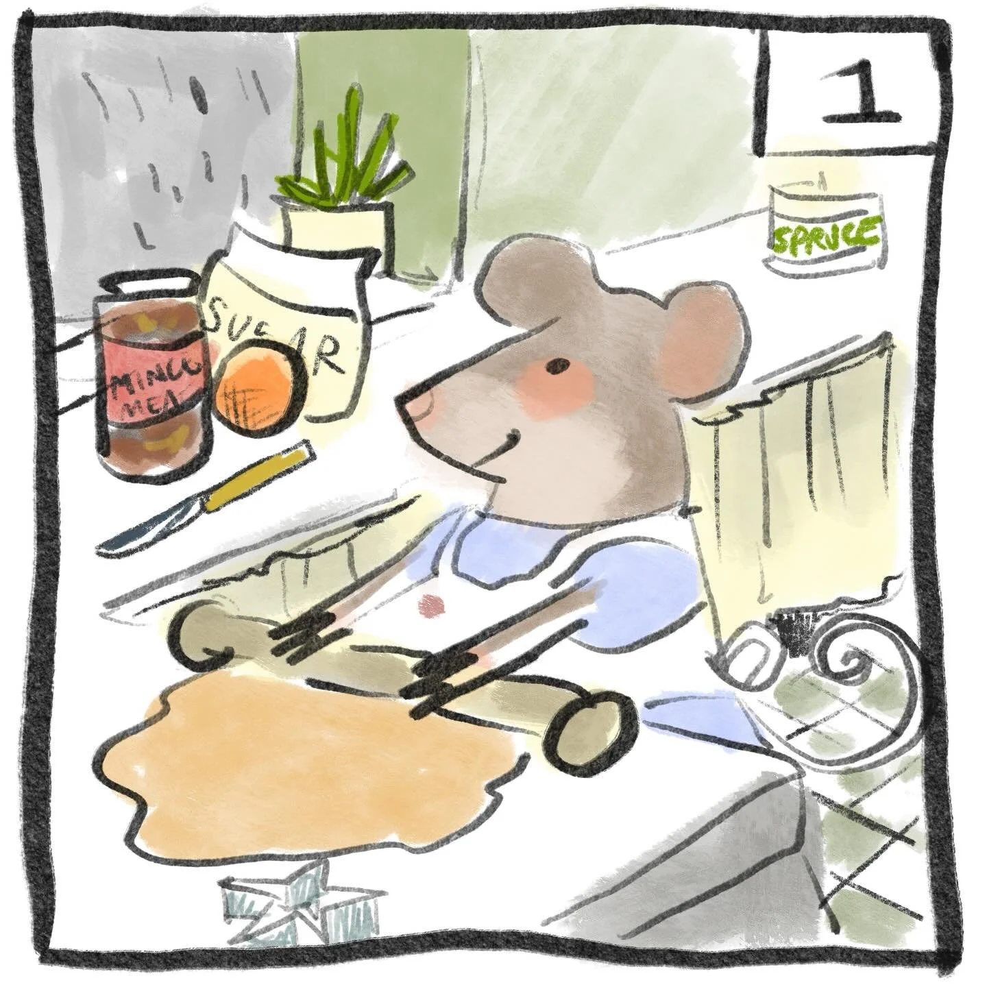 #willowschristmasadvent December 1st. Mouse is making mince pies on a rainy morning.