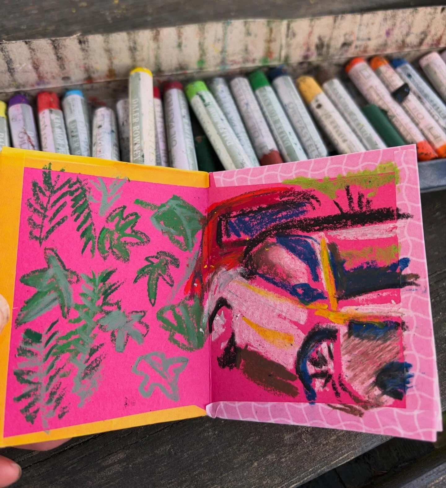 Oil pastel sketching in a zine for capturing today&rsquo;s feels &amp; sees