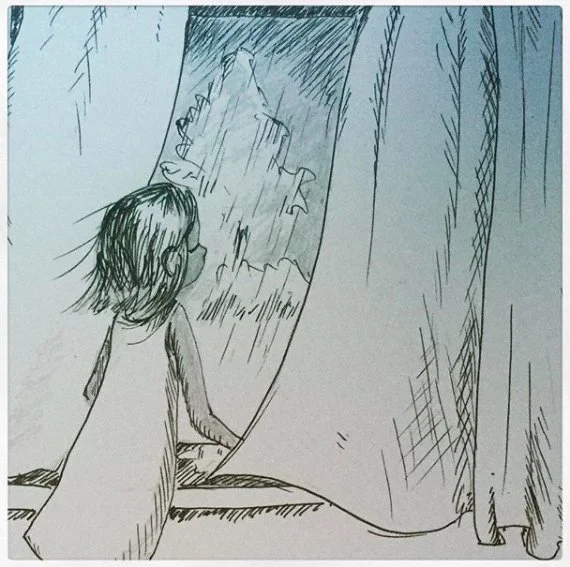 ink drawing of a child  looking from a window into a dark, rainy sky