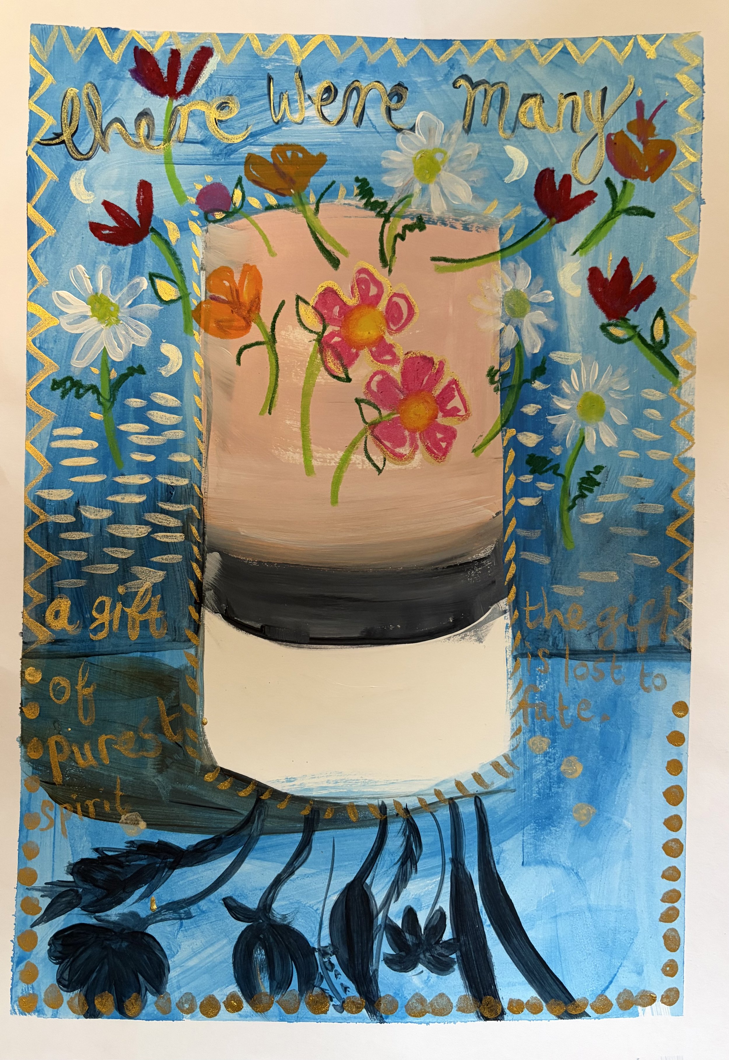 A personal illustration of a vase surrounded by flowers on a blue background with gold decoration